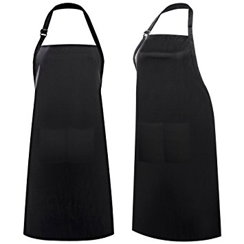 Adjustable Apron Bib with 2 Pockets, X-Chef 2-Pack Waterproof Unisex Aprons with Adjustable Neck Strap for Men Women Chef Baker Kitchen Garden Craft Restaurant, Black kitchen aprons