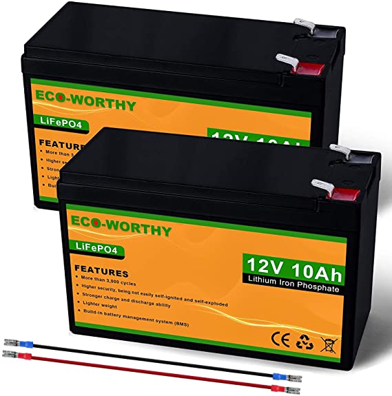 ECO-WORTHY (2 pack) 12V 10Ah LiFePO4 Lithium Iron Phosphate Deep Cycle Rechargeable Battery with Built-in BMS, Perfect for RV, Marine, Kids Scooters, Power Wheels, Tool Trailer, Lawn Mower etc