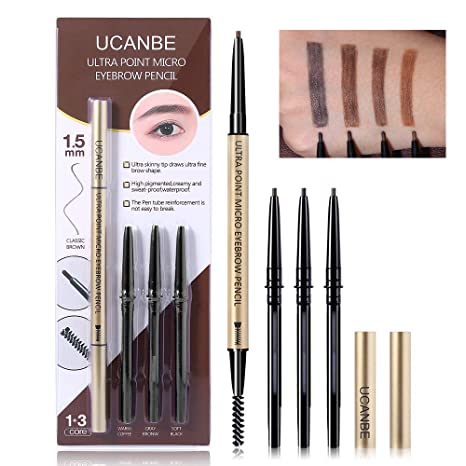 UCANBE 4 in 1 Makeup Micro Eyebrow Pencil Set, Dual-Ended Sweat &Waterproof Ultra Fine Skinny Tip Percise Definer, Black Brown Fill & Shape Brow Mechanical Auto Pen Kit
