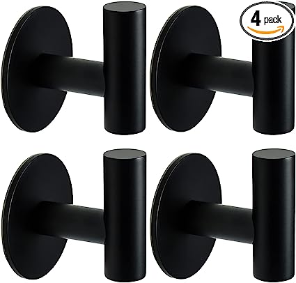 Self Adhesive Towel Hook Matte Black Coat Hook Brushed Nickel SUS304 Stainless Steel Heavy Duty Waterproof Towel Robe Clothes Hook Holder for Bathroom Kitchen Office Hotel Pool Wall Mounted Hook-4Pack