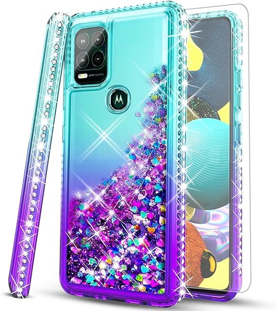 STARSHOP Moto G Stylus 5G Phone Case, Motorola G Stylus 5G Case, with [Tempered Glass Screen Protector Included] Liquid Bling Sparkle Floating Glitter Quicksand Cover Girls Women Cute - Aqua/Purple