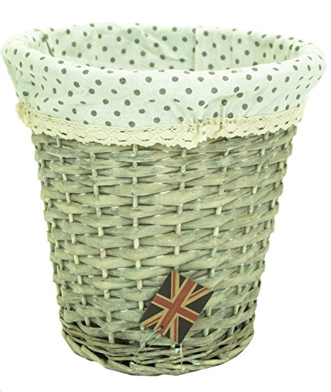 east2eden Wicker Willow Waste Paper Bin Basket with Cotton Liner (Driftwood Wash Wicker & Grey Polka Dot Liner)