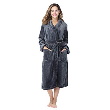 RONGTAI Women‘s Shawl Collar Bathrobe，Flannel Plush Long Kimono Pajamas Robe