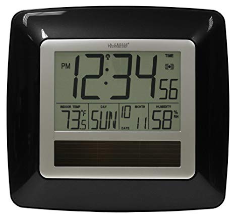 La Crosse Technology WT-8112U-BK Solar Atomic Digital Clock with Indoor Temperature, Humidity