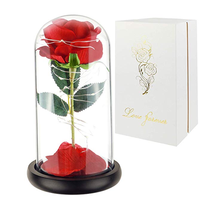 Childom Beauty and The Beast Rose, Roses Enchanted Red Silk Rose with Fallen Petals Led Fairy String Lights in A Dome, Gifts for Anniversary, Wedding (Black Base)