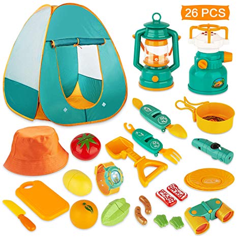 KAQINU 26 PCS Kids Camping Set, Pop Up Kids Play Tent with Camping Gear, Indoor Outdoor Adventure Kits Pretend Play Camping Toys for Toddler Boys & Girls