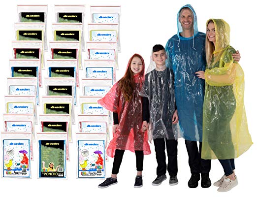 Rain Poncho Family Pack Emergency Ponchos for Kids Adult Men Women Teens Children Premium Quality 50% Thicker Disposable Raincoat with Drawstring Hood Waterproof Camping Hiking Sports Outdoor Events