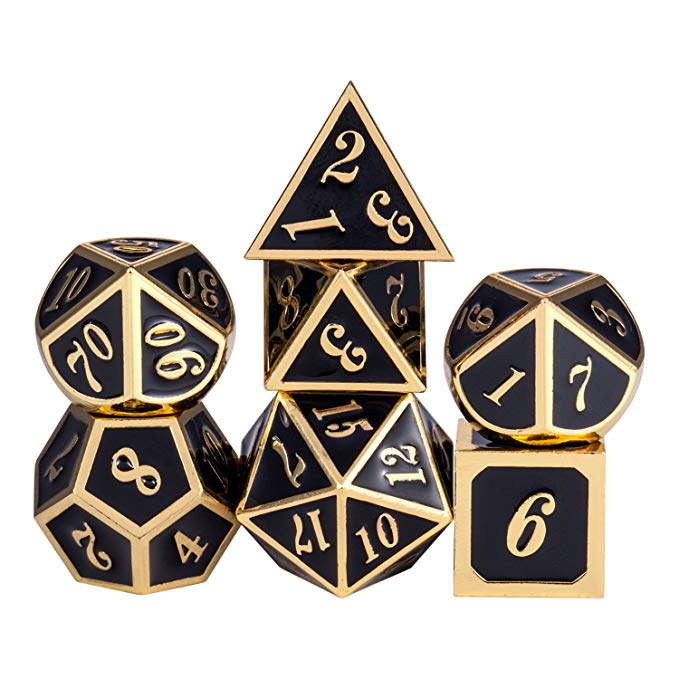 Metal Dice Set DND, 7 die Metal Polyhedral Dice Set with Metal Box Black Color and Gold Number for Role Playing Game Dungeons and Dragons D&D Pathfinder Shadowrun and Math Teaching