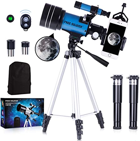 FREE SOLDIER Telescope for Kids&Astronomy Beginners - 70mm Aperture Refractor Telescope for Stargazing With Adjustable Tripod Phone Adapter Wireless Remote Perfect Travel Telescope Gift for Kids, Blue