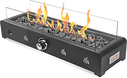 Onlyfire Outdoor Propane Fire Pit 28 Inch Rectangular Smokeless Firebowl Tabletop Gas Firepit with Rear Air Inlet, Glass Wind Guard and Lava Rocks
