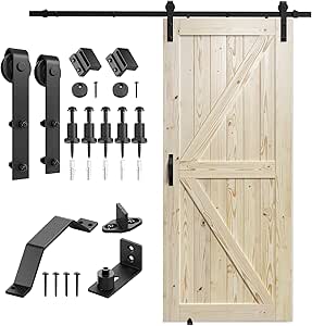 SMARTSTANDARD 38in x 84in Sliding Barn Door with 6.6ft Barn Door Hardware Kit & Handle, Pre-Drilled Ready to Assemble, DIY Unfinished Solid Spruce Wood Panelled Slab, K-Frame, Natural