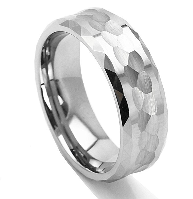 King Will HAMMER Men 8mm Tungsten Carbide Ring Multi-faceted Hammered Polished Finish Wedding Band