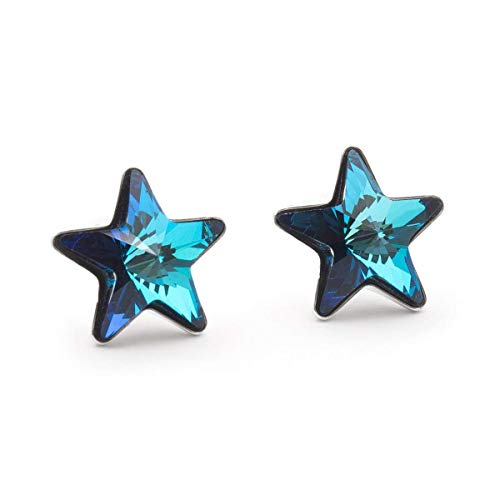 Blue Small Swarovski Star Crystal Sterling Silver 925 Stud Earrings 0.4 Inches