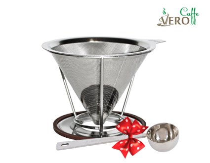 Pour Over Coffee Dripper / Maker - Stainless Steel with Clever Cone Design - Reusable / Washable Paperless Filter with Stand and Free Scoop - CaffeVERO - 100% Satisfaction Guaranteed!