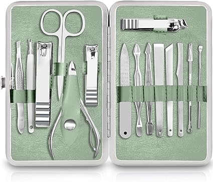 Utopia Care 15 in 1 Stainless Steel Professional Manicure Pedicure Set Nail Clippers Kit – Portable Travel Grooming Kit - Facial, Cuticle and Nail Care for Men and Women (Green)