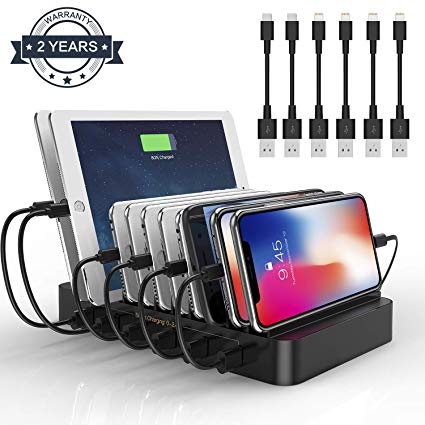 Charging Station 10 Ports USB Dock - 60W Multi-Port Stand Desktop Organizer Built-in Retractable Cables Charges Multiple Devices iPad, Samsung, Tablet, Kindle