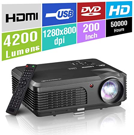 2019 LED HD Movie Projector HDMI USB 1080P Support Indoor Outdoor Entertainment Multimedia WXGA LCD Video Projector Gaming TV Home Cinema Theater with Built-in Speakers Zoom Keystone Correction Remote