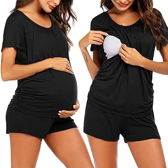 Ekouaer Women's Maternity Nursing Pajamas Set Breastfeeding Sleepwear Double Layer Short Sleeve Top & Shorts Pregnancy PJS