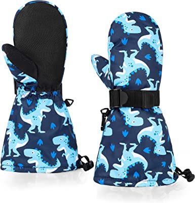 HIGHCAMP Toddlers Boy Girl Winter Gloves Kids Waterproof Snow Mittens Long Cuff with Stay-on Strap