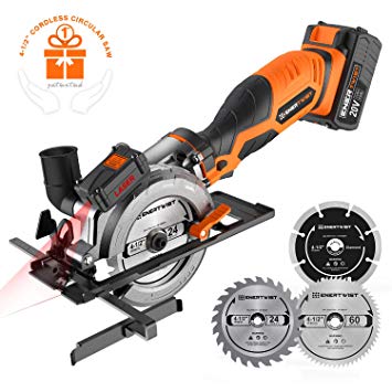 Enertwist 20V Max Lithium-Ion Cordless Mini Circular Saw Kit, 4-1/2" Small Compact with 4.0Ah Battery, Charger, Laser & Parallel Guide, 3 Blades for Wood Drywall Soft Metal and Tile Cutting, ET-CS-20C