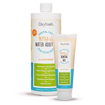 Oxyfresh Pet Fresh Breath Kit for Dogs & Cats: Clean Teeth, Remove Plaque & Control Tarter – Easy Safe & Effective Solution. Pet Water Additive 16oz, Unflavored Pet Dental Gel Toothpaste 4oz.