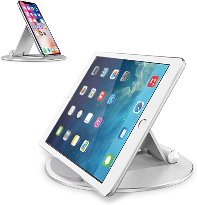 OMOTON Adjustable Ipad Stand, Aluminum Desktop Tablet Cellphone Holder Dock with Anti-Slip Base, Portable Stands and Holder for Tablet, Samsung Tab, E-Reader and Cellphones, Silver