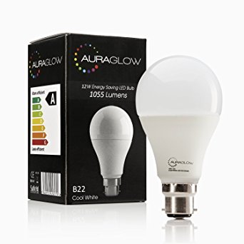 AURAGLOW Super Bright 12w LED B22 Bayonet Light Bulb, Cool White, 6500k, 1055 Lumens - 75w EQV