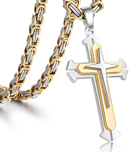 Trendsmax Cross Pendant Necklace Mens Boys Stainless Steel Gold Silver Byzantine Chain 22 24 26 28 30inch