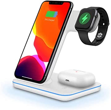 Wireless Charger, 3 in 1 Wireless Charging Station for iPhone Apple iWatch 5/4/3/2 AirPods 2/Pro Upgrade Qi Certified Fast Charging Stand for iPhone 12/11/XS MAX/XR/XS/X/8 Plus/Samsung-White