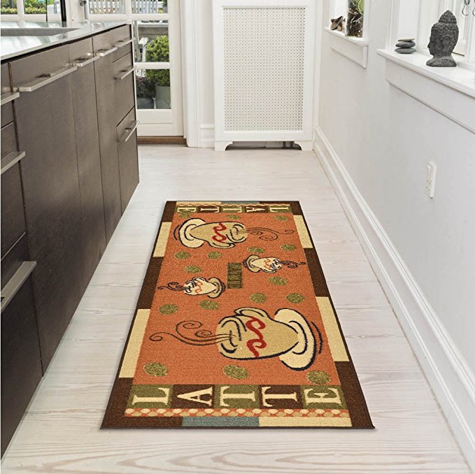 Ottomanson Sara's Kitchen Coffee Cups Design Mat Runner Rug with Non-Skid (Non-Slip) Rubber Backing, 20" x 59", Dark Orange