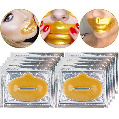 Anti Aging Treatments Set / Kit of 10pcs Lips / Mouth 24K Gold Collagen Gel Crystal Masks / Patches for Fine Lines and Wrinkles Removal, Moisturizing / Hydration, Skin Firming and Nourishing