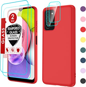 LeYi Samsung A03S Case, Samsung Galaxy A03S Case (6.5 Inch) with [2 Pack] Tempered Glass Screen Protector & Camera Lens Protector, Liquid Silicone Slim Silky-Soft Phone Case Samsung Galaxy A03s, Red