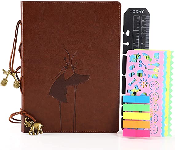YHH Vintage Personal Organiser A5 with Pocket Stencil, Refillable Dotted Notebook Leather Dot Grid Journal Hardcover 6 Ring Binder Travel Diary Birthday Gift for Girl Adult Elegant Women Brown