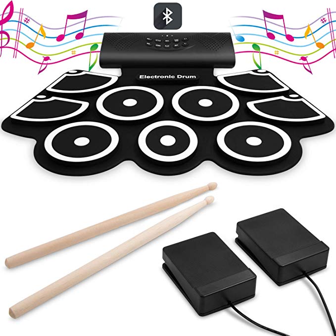 9 Pads Electronic Drum Set[Bluetooth Upgraded Version], VEEtop Thickened Hand Roll Up Electric Drum Practice Pad, Built-in Speakers, Bluetooth, MIDI, Christmas Holiday Birthday Gift for Kids, Beginner