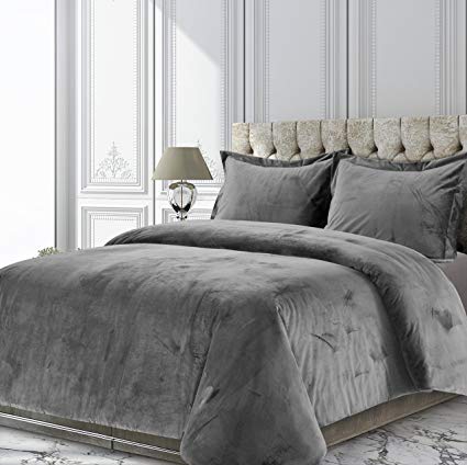 Tribeca Living VENICEDUVETKIGR Venice Velvet Oversized Solid Duvet Set, King, Smoke Grey