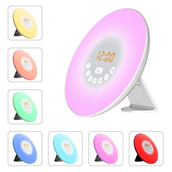 PDR Wake Up Light Alarm Clock Sunrise and Sunset Simulation 6 Natural Sounds and FM Radio 7 Colors Mood Light LED Display Touch Control Bedside Lamp 10 Brightness for Bedroom, Living Room, Playroom, Nursery
