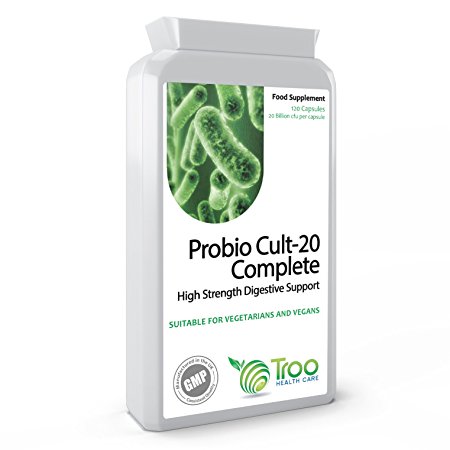 Probiotics 20 Billion cfu 120 Capsules Probio Cult-20 6 Strain Vegan Friendly Probiotic Blend with FOS from Inulin - Targeted Release Bacteria Protection Delivery - UK Made Quality Assured