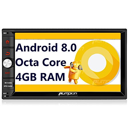 PUMPKIN Android 8.0 Car Stereo Radio Double Din with Android Auto GPS 4GB RAM, Support Fastboot, WIFI, Backup Camera, 128GB USB SD, 7 inch Touch Screen