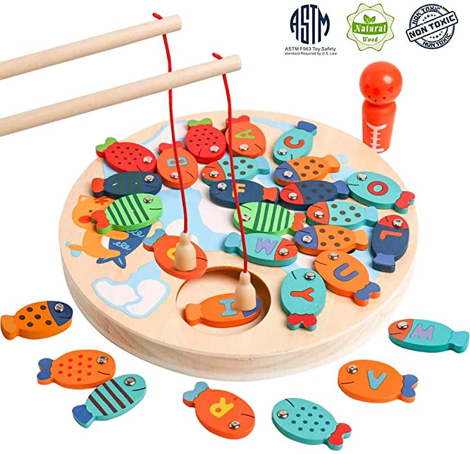 Magnetic Letter Wooden Fishing Game Toy, 26 Pcs ABC Alphabet Fishes, Fishing Poles, Fishing Pool Patterns Box and Doll, Educational Toy Gift for Toddlers Boys Girls Kids - Classroom & Home Learning