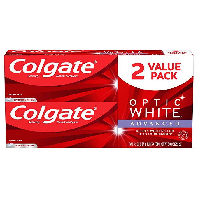 Colgate Optic White Advanced Teeth Whitening Toothpaste, Sparkling White - 4.5 ounce (2 Pack)