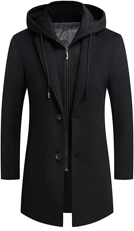 PRIJOUHE Men's Wool Coat Hoodie Long Trench Coat Cotton Casual Woollen Overcoat Jacket