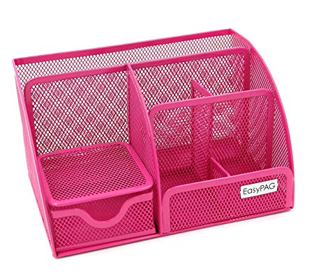 EasyPAG Mesh Office Desk Organizer 6 Compartments with Drawer,Pink
