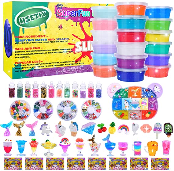 HSETIY DIY Unicorn Slime Making Kits for Girls Boys, Slime Supplies for Kids Art Craft, Includes 12 Crystal Slime, 6 Cloud Slime, 12 Glitter Powder, Fruit Slice, Foam Balls,Bear Box