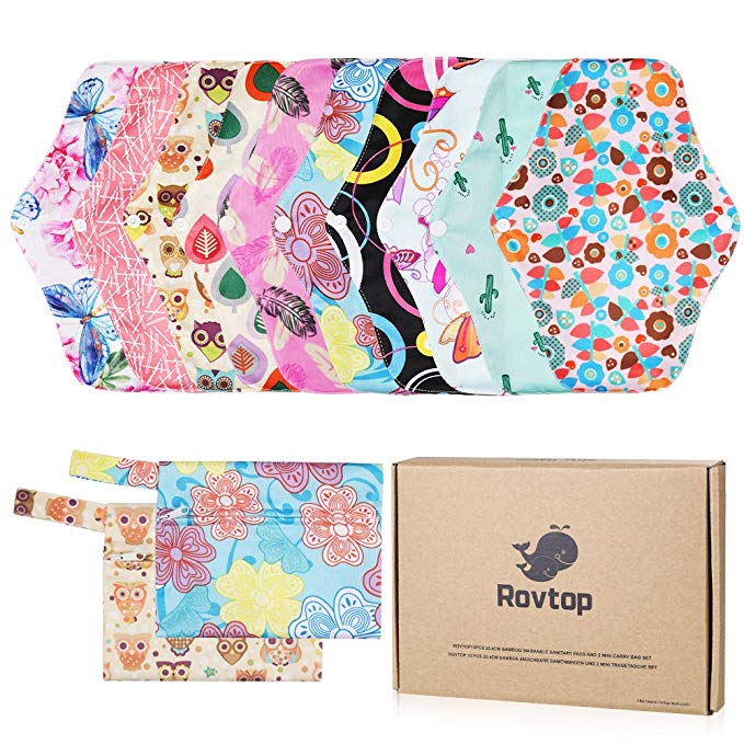 Rovtop Reusable Sanitary Towels Pads（10 packs,25.4cm）,Menstrual Panty Pads,Washable Sanitary Towel,Washable Sanitary Pads Cloth Panty Liners  2 Mini Carry Bag ECO friendly Gift Box Set