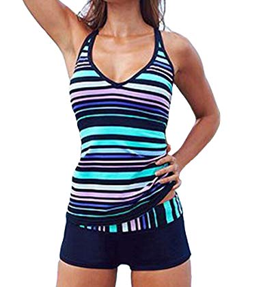 Eternatastic Women's Stripes Tankini Swimwear With Boxer Two Pieces Swimsuit Set