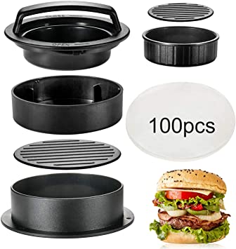Hamburger Press Patty Maker, TAOUNOA 3 in 1 Non-Stick Burger Press for Making Delicious Burgers, Perfect Shaped Patties, for grilling and cooking, with 100 PCS Wax Paper.