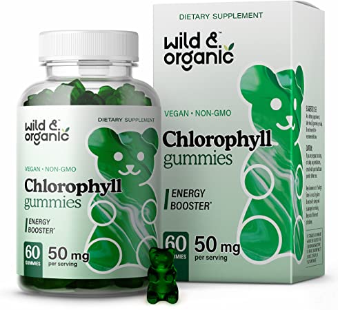 Wild & Organic Chlorophyll Gummies - Natural Energy Booster, Digestion & Immune Support, Internal Deodorant Chewable Daily Vegan Supplement - Sodium Copper Chlorophyllin Extract - 50mg 60 Chews