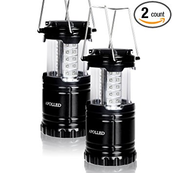 APOLLED Camping Lantern, 30 LED Camping lights 2 Pack with 6 AA Batteries,Ultra Bright,Portable,Waterproof,Ideal Lights for Hiking,Camping, Emergencies,Storm (Black, Collapsible)