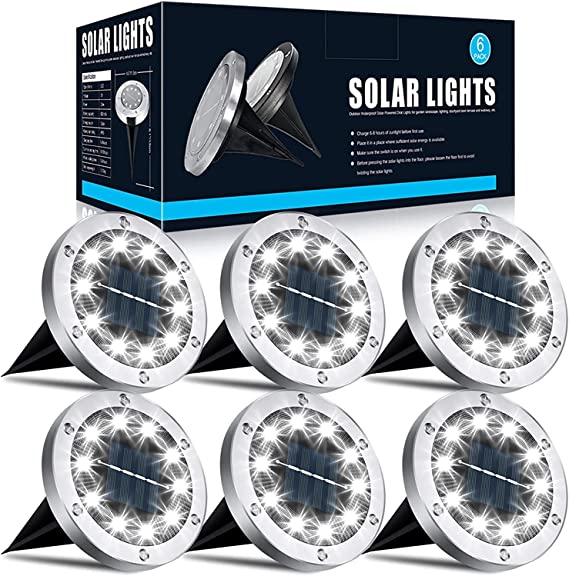 Solar Ground Lights for Outdoor Garden Solar Lights 10 Led Disk Lights 6 Pack White Solar Pathway Lights for Lawn Pool Patio Yard | IP67 Waterproof | 800mAH