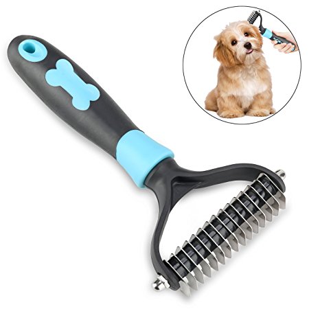 Pet Dematting Comb Cats and Dogs Grooming Brush With 15 Rounded Steel Rake Shedding Tool Safe For Medium and Longhaird Pets Gently Removes Undercoat Mats and Tangles (Blue)